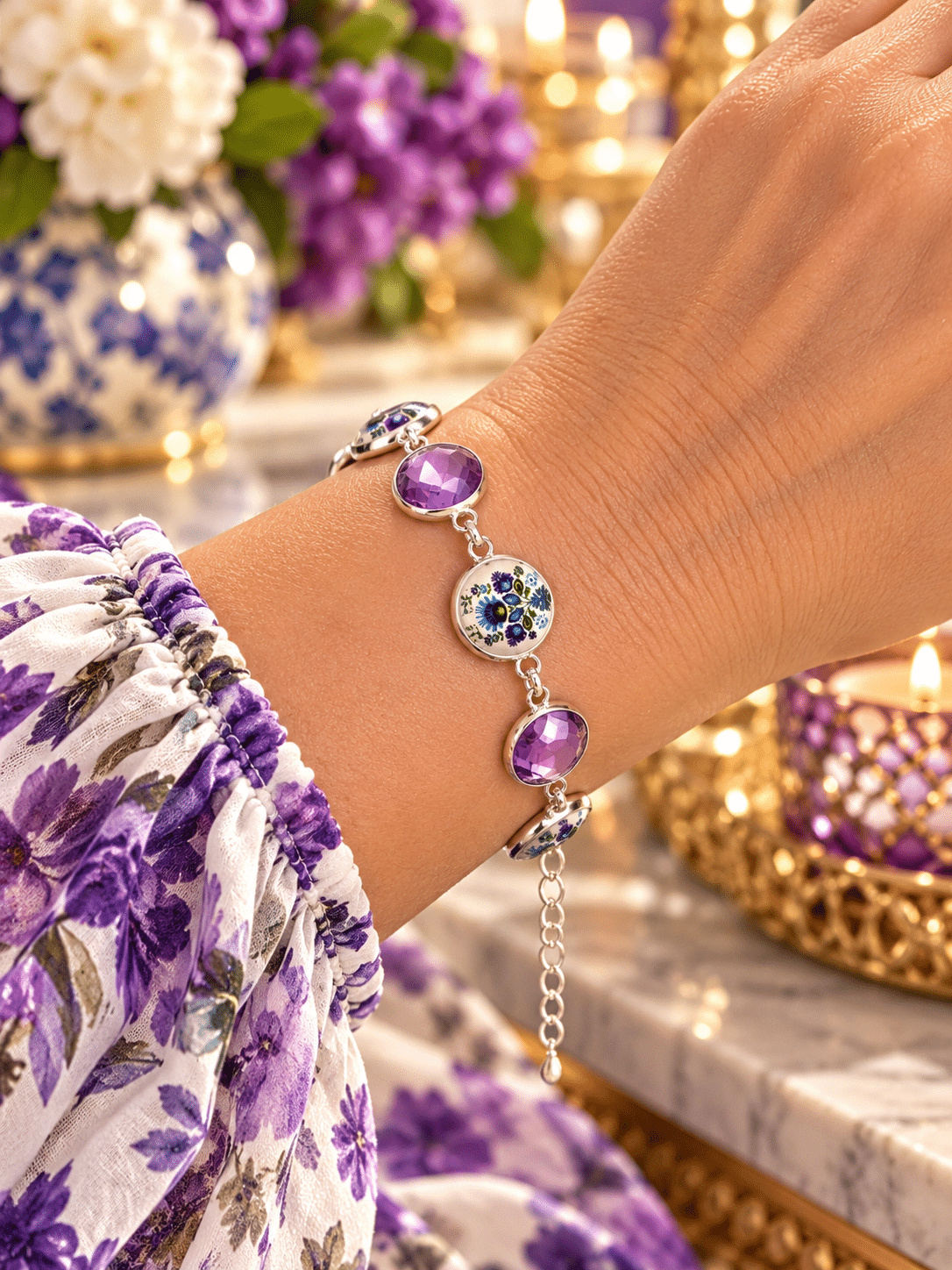 💜🌸 Violet Promises – Amethyst-Purple Gem & Floral, Silver-Tone Bezel Link Bracelet