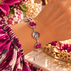 🌺✨ Fuchsia Flourish – Fuchsia Gem & Ornate Floral, Silver-Tone Bezel Link Bracelet