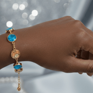 💎🌿 "Vibrant Virtue" – Handcrafted Turquoise Stone and Botanical Patterned Bezel Link Bracelet