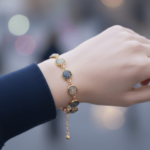 🌌🌸 "Midnight Bloom" – Handcrafted Navy and White Floral Mosaic Gold-Plated Bezel Link Bracelet