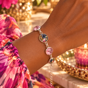 🌸✨ Petals of Grace – Pink Rhinestone & Floral, Silver-Tone Bezel Link Bracelet