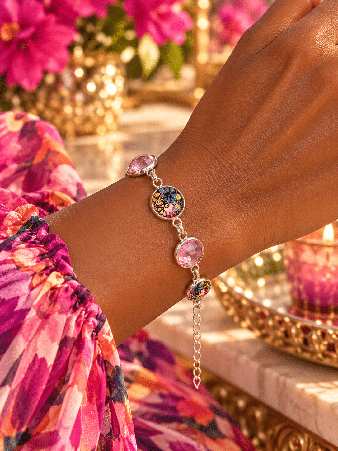 🌸✨ Petals of Grace – Pink Rhinestone & Floral, Silver-Tone Bezel Link Bracelet