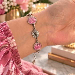 🌸✨ Tickled Pink – Pink Sparkle & Silver Floral Charm Link Bracelet