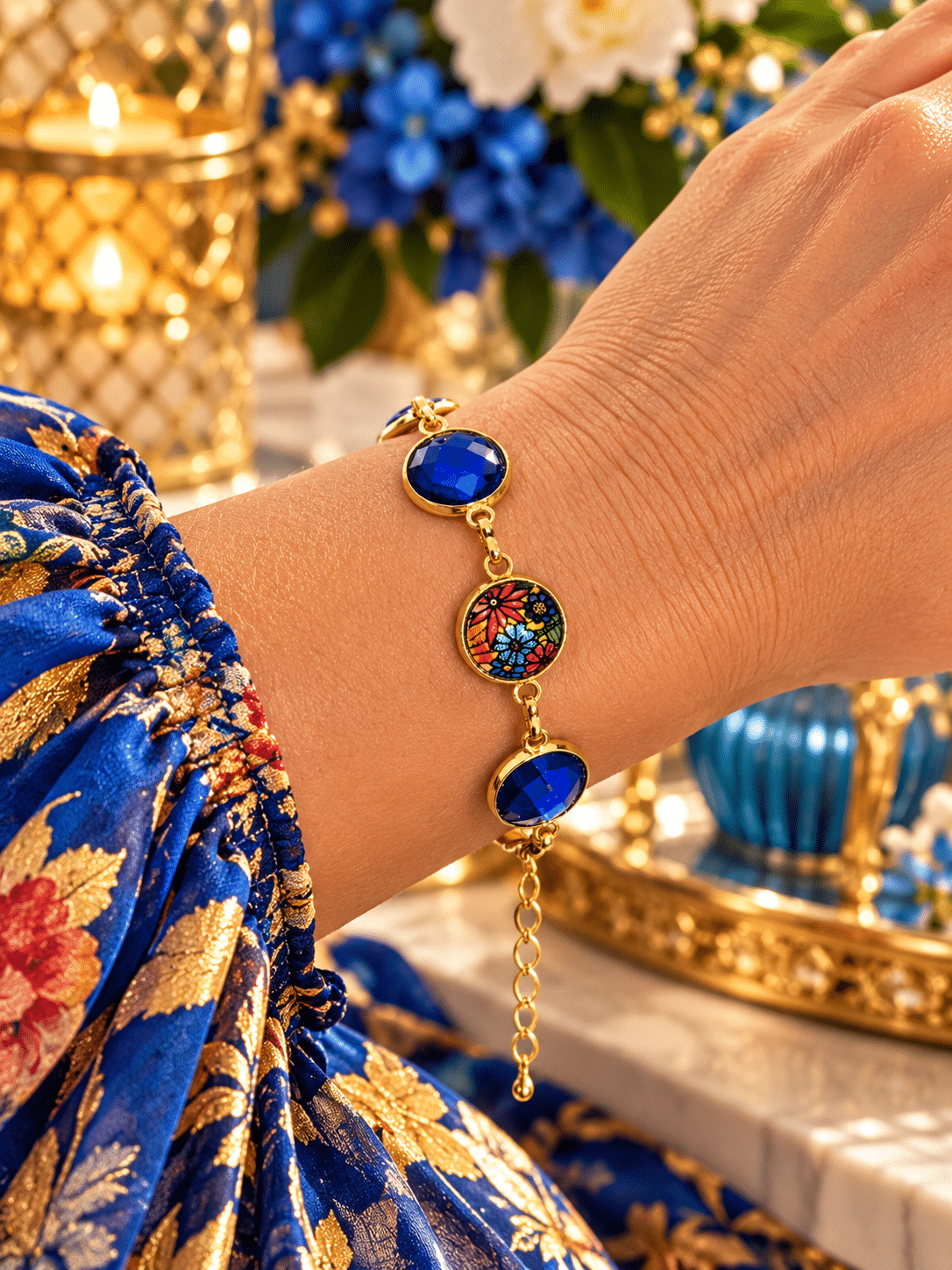 💙🌺 Royal Garden of Grace – Sapphire-Blue Gem & loral, Gold-Tone Bezel Link Bracelet