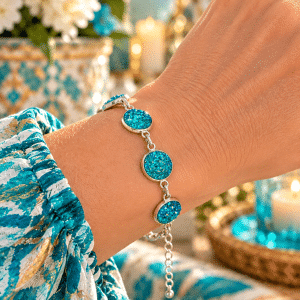 💎✨ Heaven's Blue Fire – Turquoise Sparkle & Silver-Tone Bezel Link Bracelet