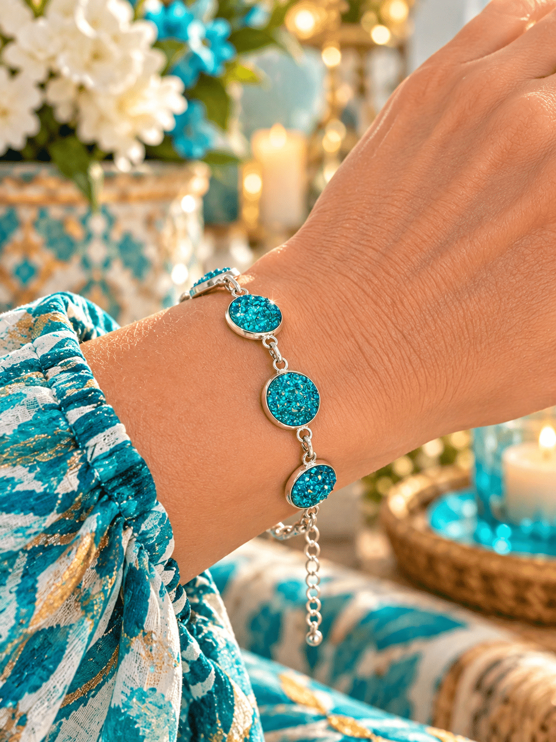 💎✨ Heaven's Blue Fire – Turquoise Sparkle & Silver-Tone Bezel Link Bracelet