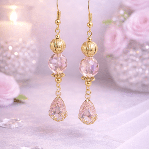✨💖 "Rose Quartz Radiance" – Handcrafted Elegant Pink Crystal and Ornate Gold-Tone Teardrop Earrings