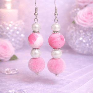 💗☁️ "Blushing Velvet" – Pink Marbled and Soft Fuzzy Jesse James Bead Earrings