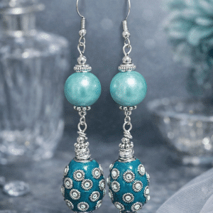 💠✨ "Luxe Lagoon" – Handcrafted Teal Metallic Pearl and Ornate Silver-Etched Artisan Drop Earrings
