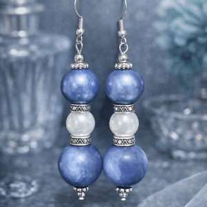 ✨💙 "Azure Moonbeam" – Handcrafted Marbled Denim Blue and Frosted Pearl Drop Earrings with Ornate Silver Accents