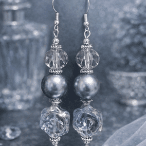 ✨🌹 "Silver Rose Radiance" – Handcrafted Elegant Charcoal Pearl and Iridescent Jesse James Rose Drop Earrings