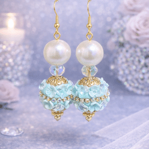 💠✨ "Cerulean Dream" – Handcrafted Elegant Light Blue Floral Artisan Beads and Luminous Gold-Capped Pearls