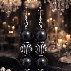🖤✨ "Midnight Stripe Gala" – Handcrafted Sophisticated Triple-Drop Black and Ribbed Silver Statement Earrings