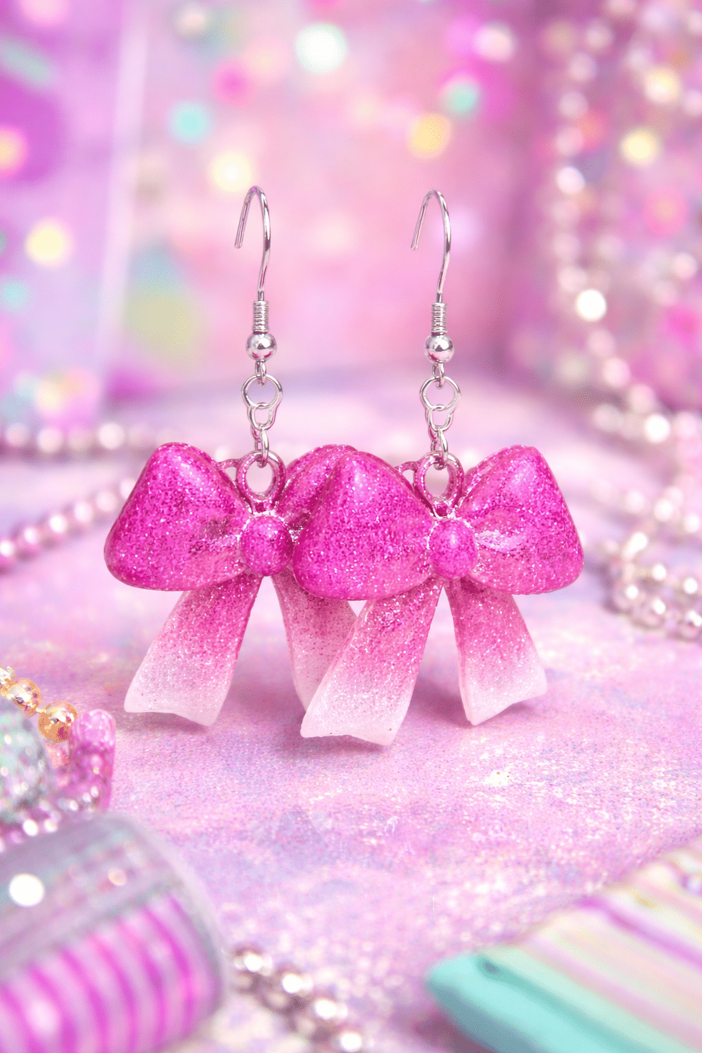 ✨🎀 "Glittering Ribbon" – Handcrafted Pink Ombré Sparkle Resin Bow Statement Earrings