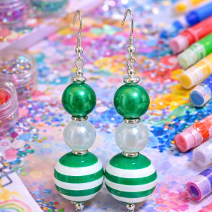 🌿⚪ "Emerald Mint" – Handcrafted Vibrant Green and White Striped Artisan Triple-Drop Earrings
