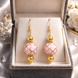 ✨💖 "Blushing Lattice" – Handcrafted Soft Pink and Ornate Gold Quatrefoil Artisan Drop Earrings