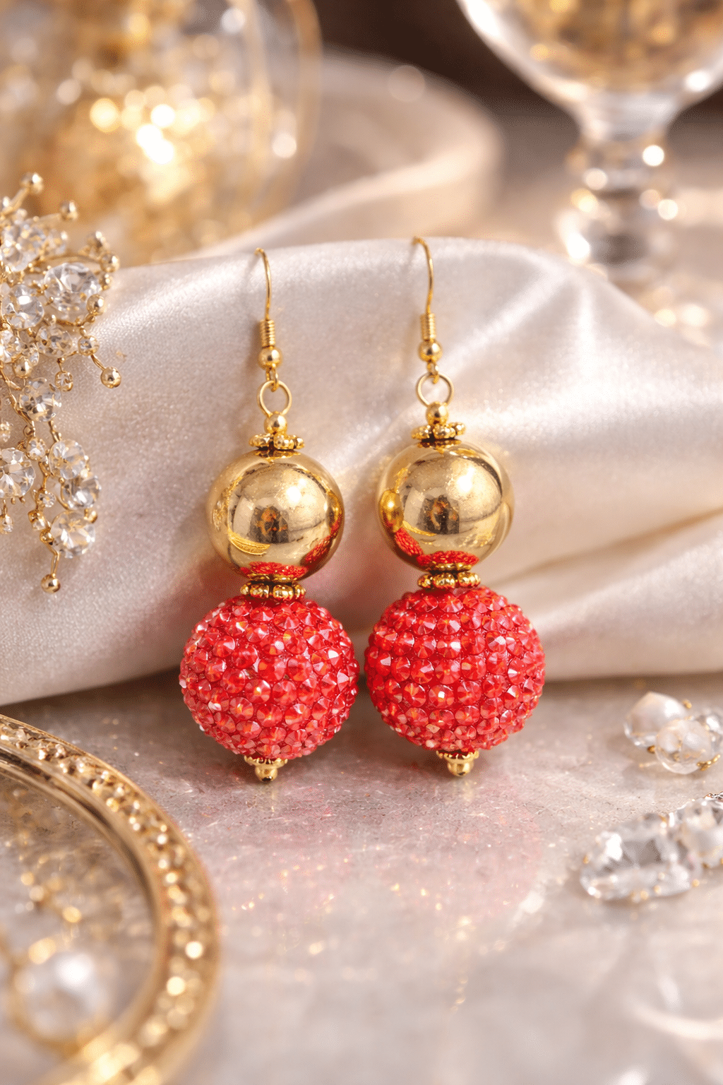 ✨❤️ "Scarlet Splendor" – Handcrafted Elegant Crimson Crystal Pave and Polished Gold Drop Earrings