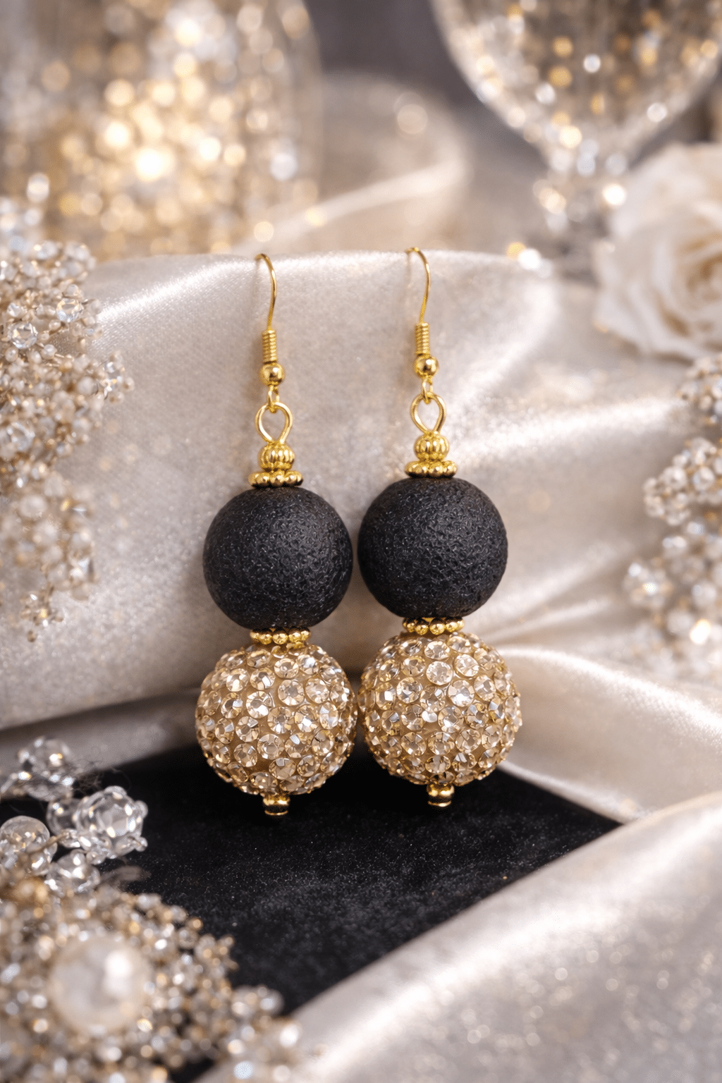 ✨🖤 "Midnight Starlight" – Handcrafted Elegant Matte Onyx and Champagne Crystal Pave Drop Earrings