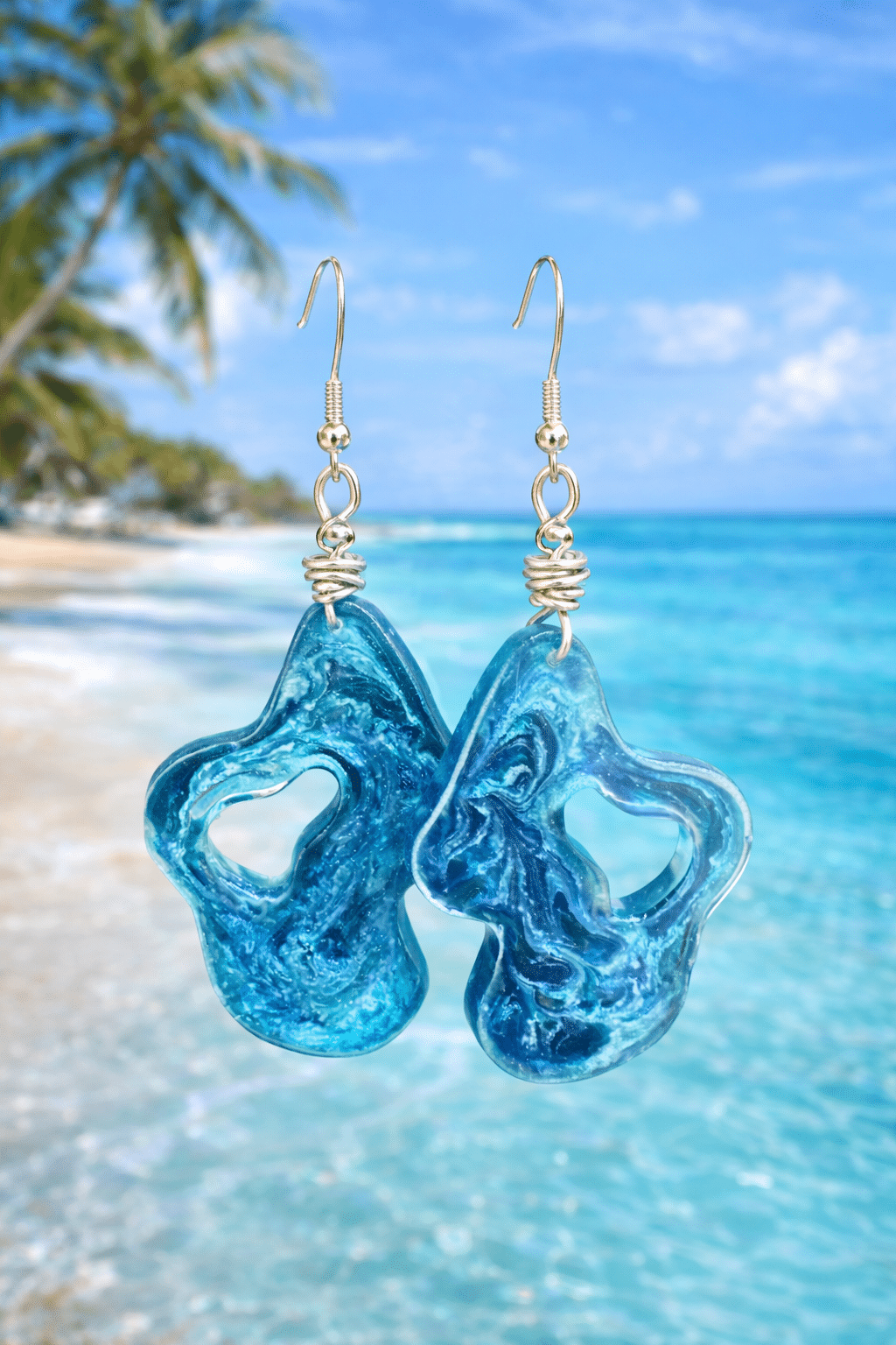 🌊🏝️ "Island Shore" – Handcrafted Organic Abstract Resin Statement Earrings in Deep Ocean Blue Swirls