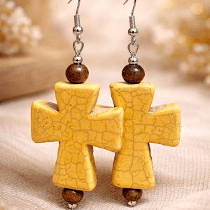 ✨✝️ "Golden Grace" – Handcrafted Sunny Yellow Stone Cross Statement Earrings with Earthy Wood Accents