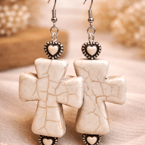 ✨✝️ "Eternal Grace" – Handcrafted Ivory Stone Cross Earrings with Antiqued Heart Accents