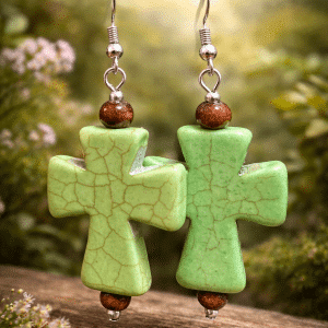 ✨✝️ "Evergreen Grace" – Handcrafted Vibrant Mint Green Stone Cross Earrings with Earthy Wood Accents