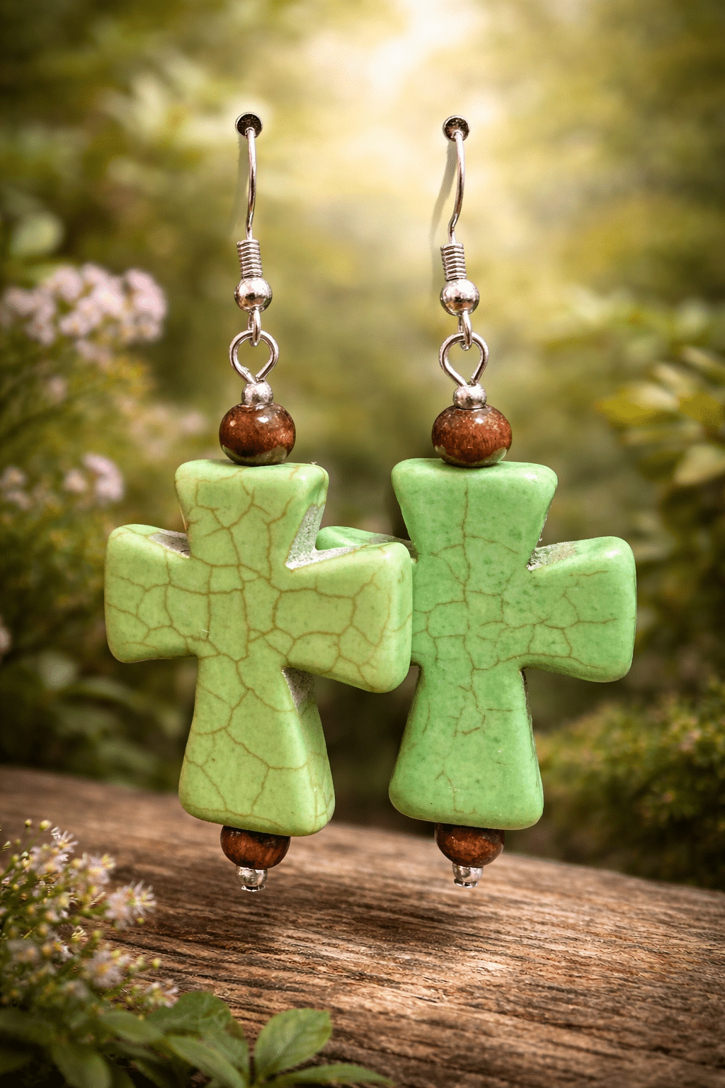 ✨✝️ "Evergreen Grace" – Handcrafted Vibrant Mint Green Stone Cross Earrings with Earthy Wood Accents