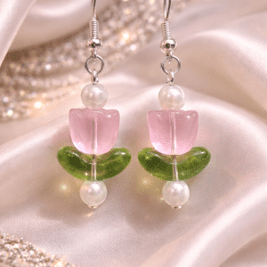 ✨🌷 "Spring Awakening" – Handcrafted Dainty Pink and Green Glass Tulip Drop Earrings with Pearl Accents