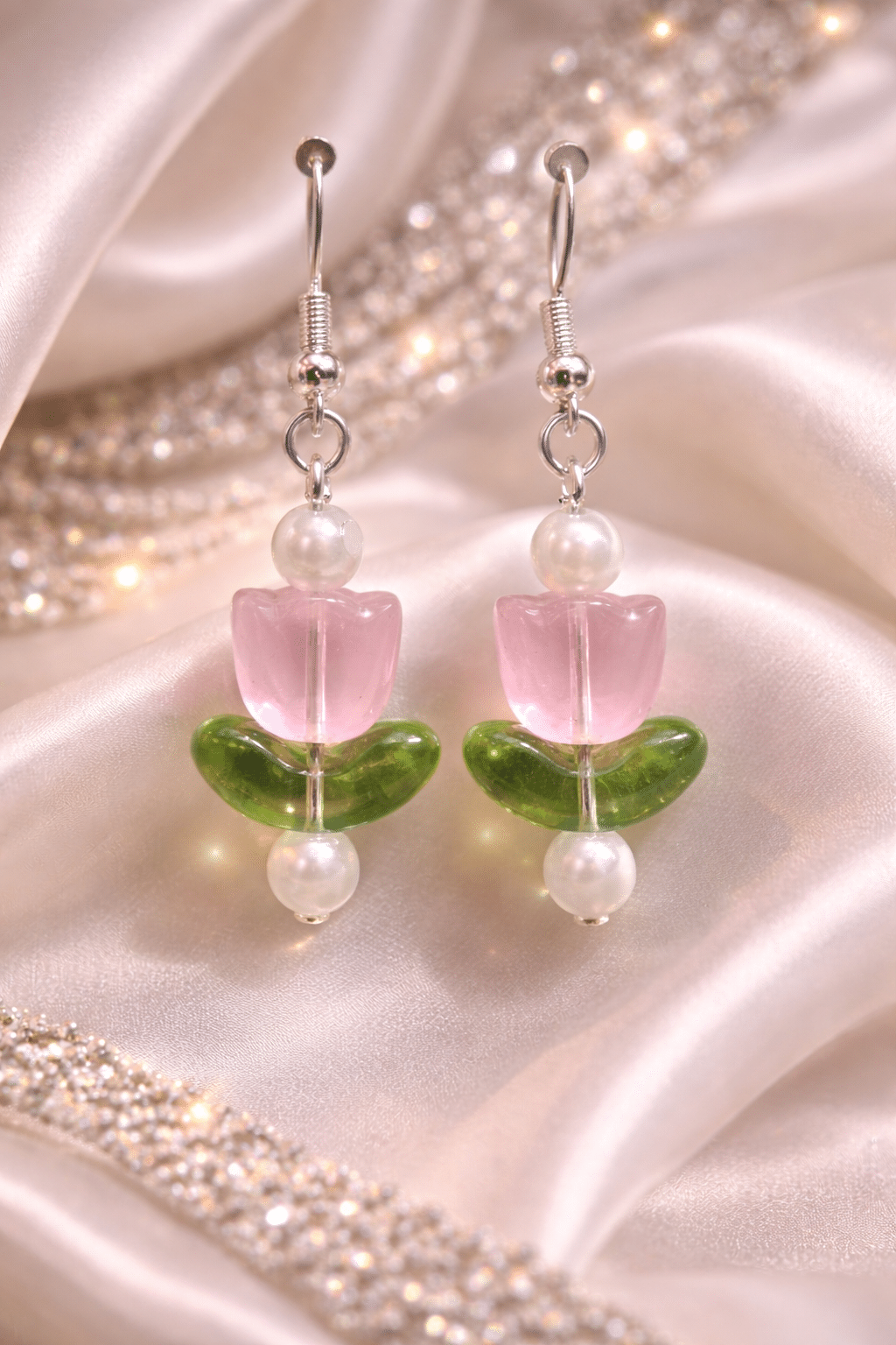✨🌷 "Spring Awakening" – Handcrafted Dainty Pink and Green Glass Tulip Drop Earrings with Pearl Accents