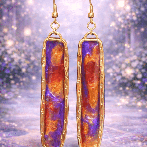 🌅✨ "Sunset Glow" – Handcrafted Long Rectangular Gold-Tone Bezel Earrings with Vibrant Swirled Resin
