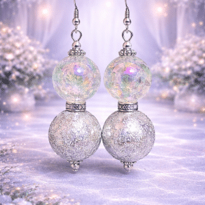 ✨🌬️ "Silver Frost" – Handcrafted Iridescent Clear Crackle Glass and Textured Silver Foil Artisan Drop Earrings