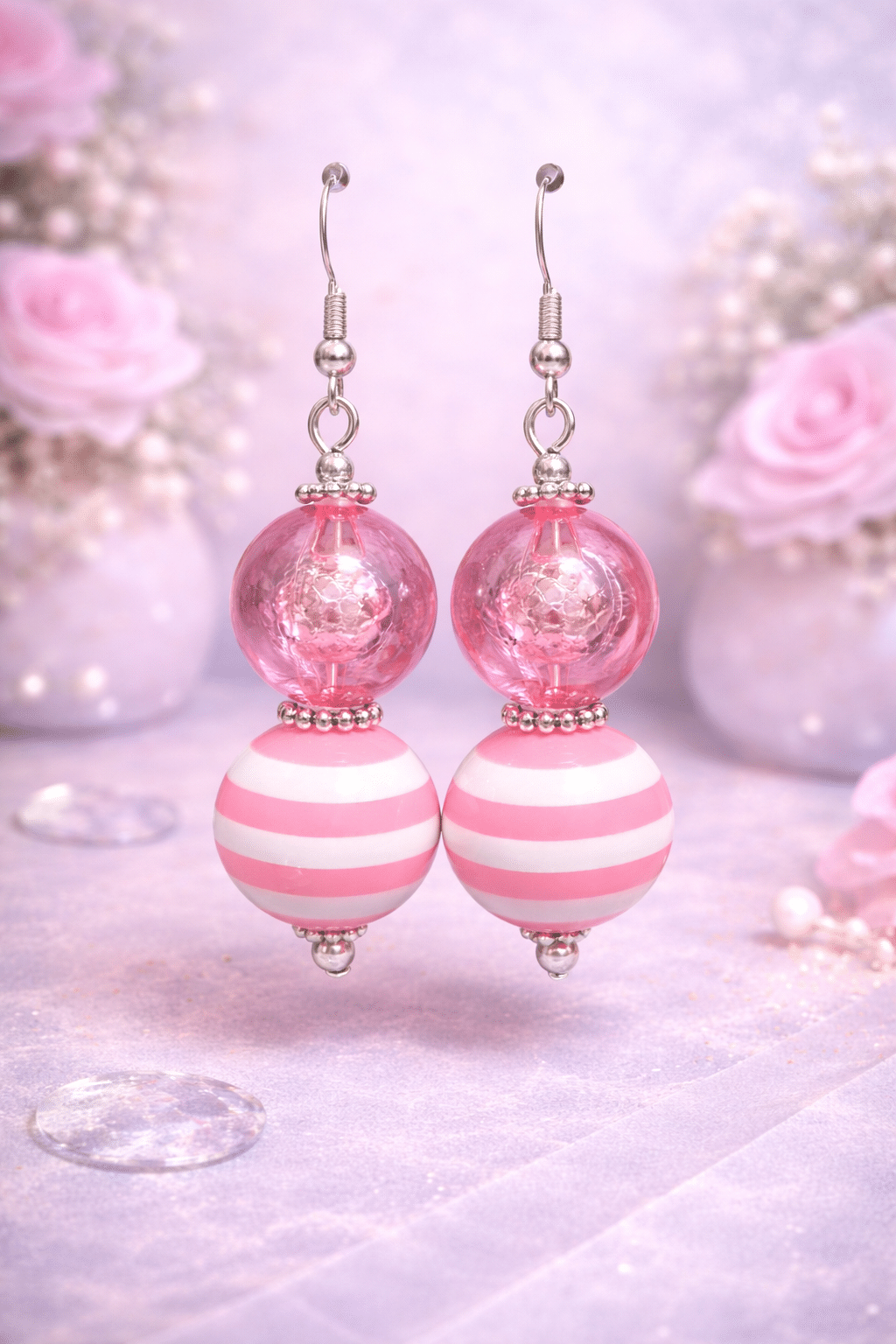 🍬💖 "Pink Peppermint" – Handcrafted Fun and Vibrant Pink & White Striped Artisan Drop Earrings