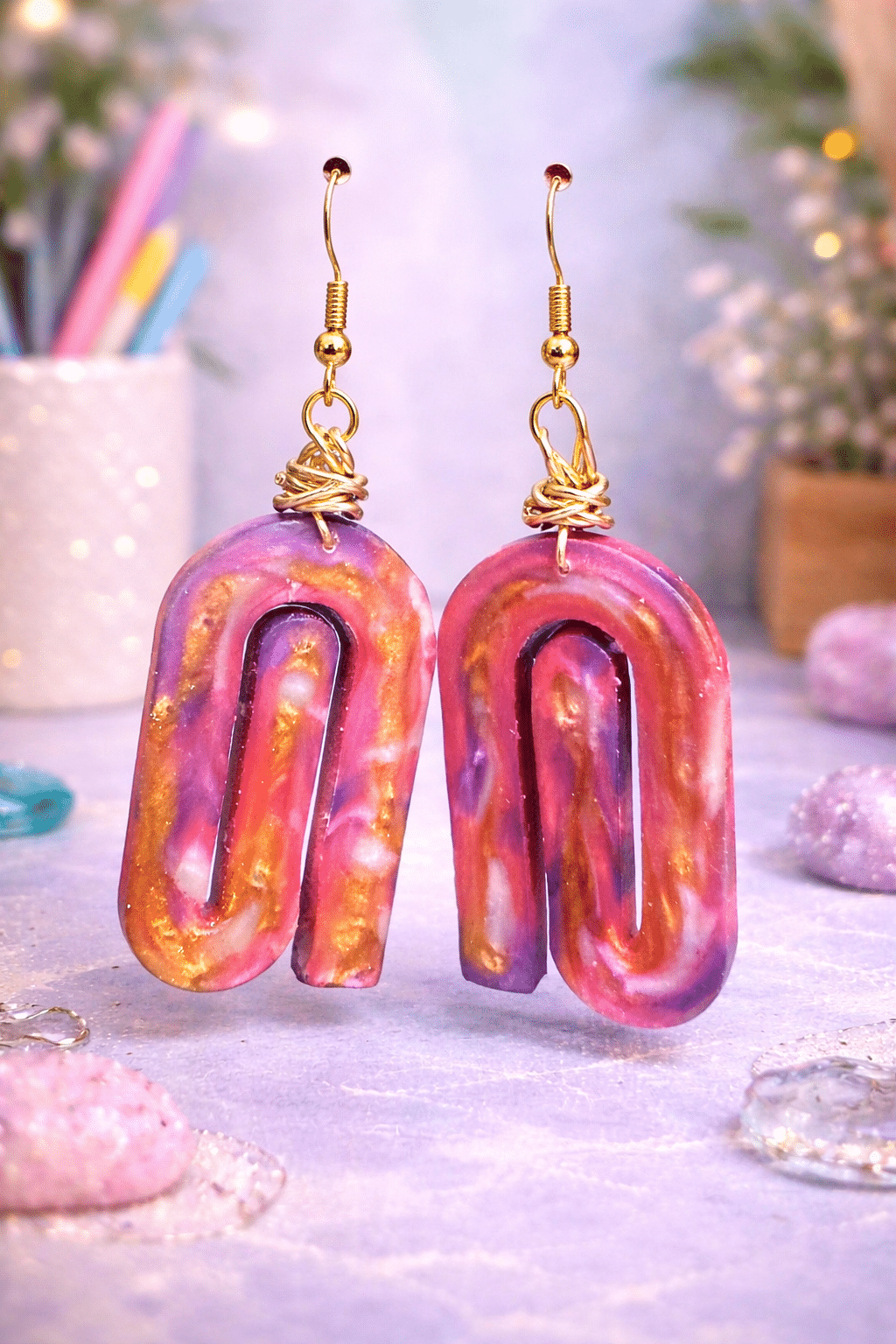 🌈✨ "Aura of Grace" – Handcrafted Modern Arch Resin Earrings with Pink, Gold, and Lavender Swirls