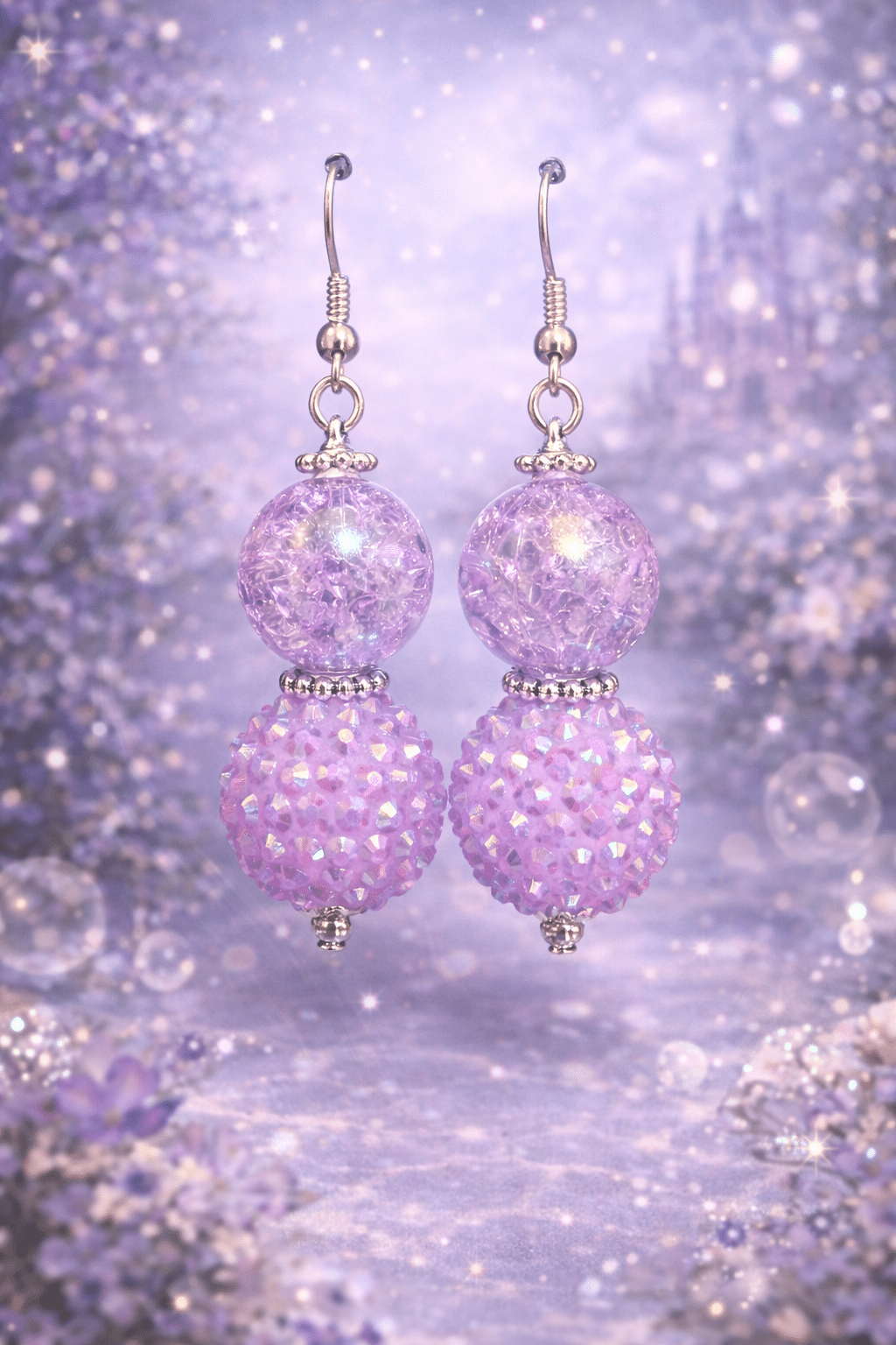 ✨💜 "Wisteria Sparkle" – Handcrafted Elegant Lavender Crackle Glass and Iridescent Pave Drop Earrings