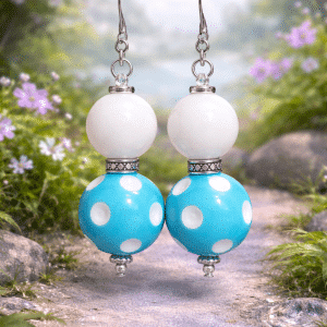 ☀️⚪ "Polka Dot Picnic" – Handcrafted Playful Sky Blue and Opaque White Artisan Drop Earrings