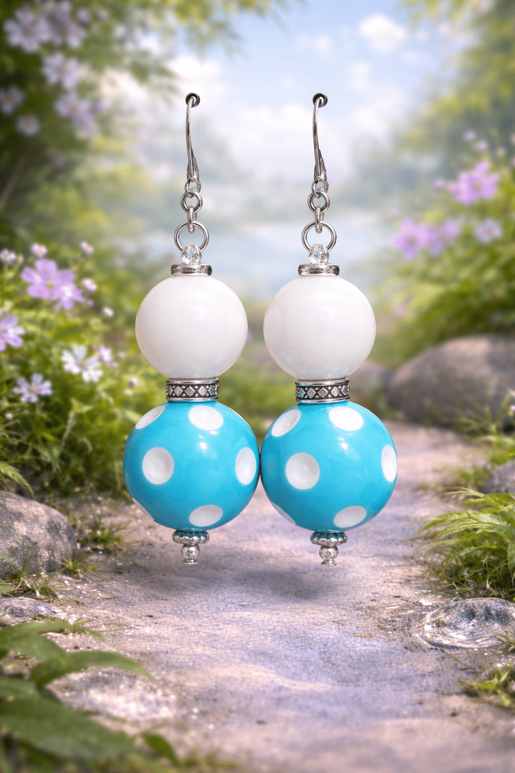 ☀️⚪ "Polka Dot Picnic" – Handcrafted Playful Sky Blue and Opaque White Artisan Drop Earrings