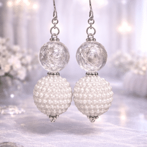 ✨⚪ "Luminous Lace" – Handcrafted Elegant Clear Crackle Glass and Pearl Pavé Artisan Drop Earrings