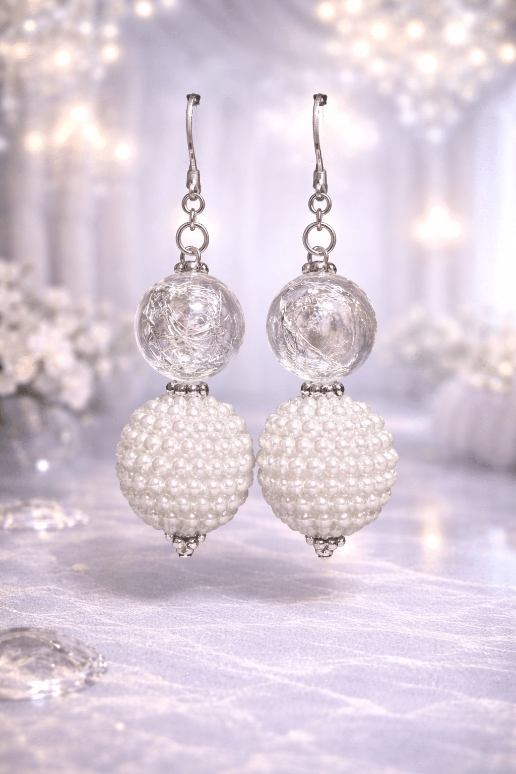 ✨⚪ "Luminous Lace" – Handcrafted Elegant Clear Crackle Glass and Pearl Pavé Artisan Drop Earrings