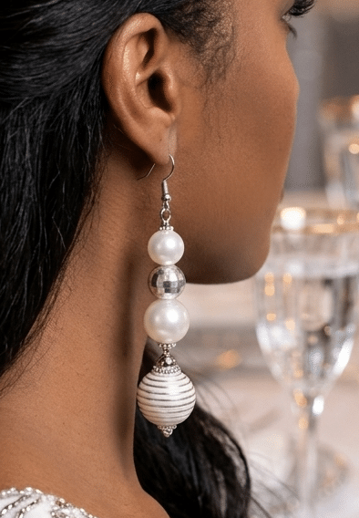 ✨⚪ "Silver Horizon" – Handcrafted Elegant Triple-Drop Pearl and Metallic Ribbed Statement Earrings