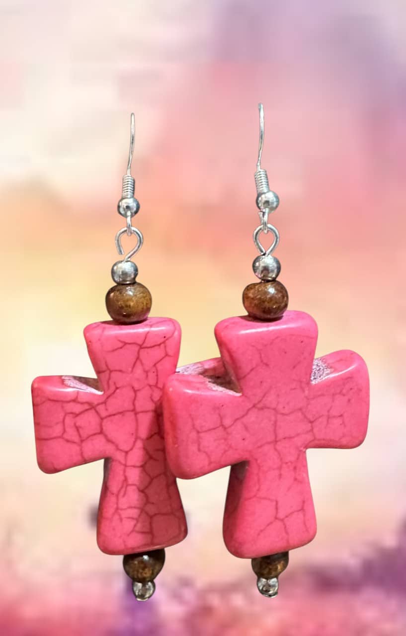 ✨✝️ "Faithful Fuchsia" – Handcrafted Vibrant Pink Turquoise-Style Stone Cross Statement Earrings