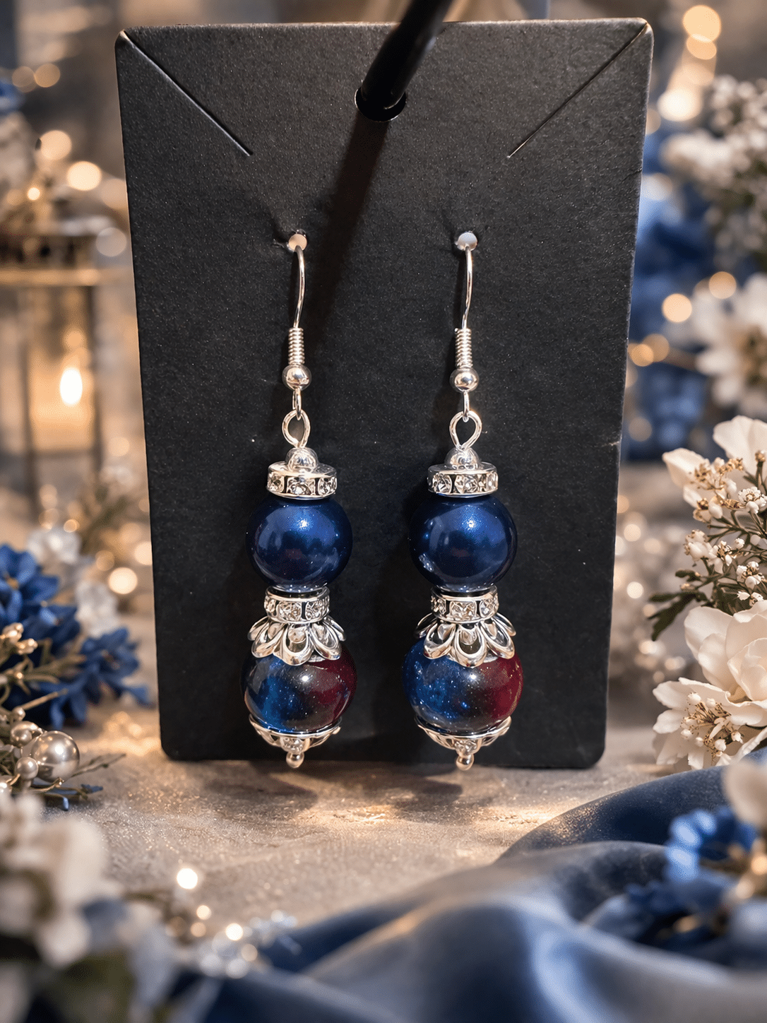 ✨🌌 "Twilight Nebula" – Handcrafted Deep Royal Blue and Marbled Crimson Artisan Drop Earrings