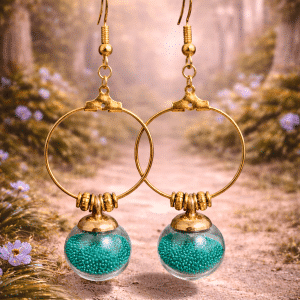 ✨🏺 "Lagoon Sphere" – Handcrafted Antiqued Gold Hoops with Teal Micro-Bead Glass Globe Charms