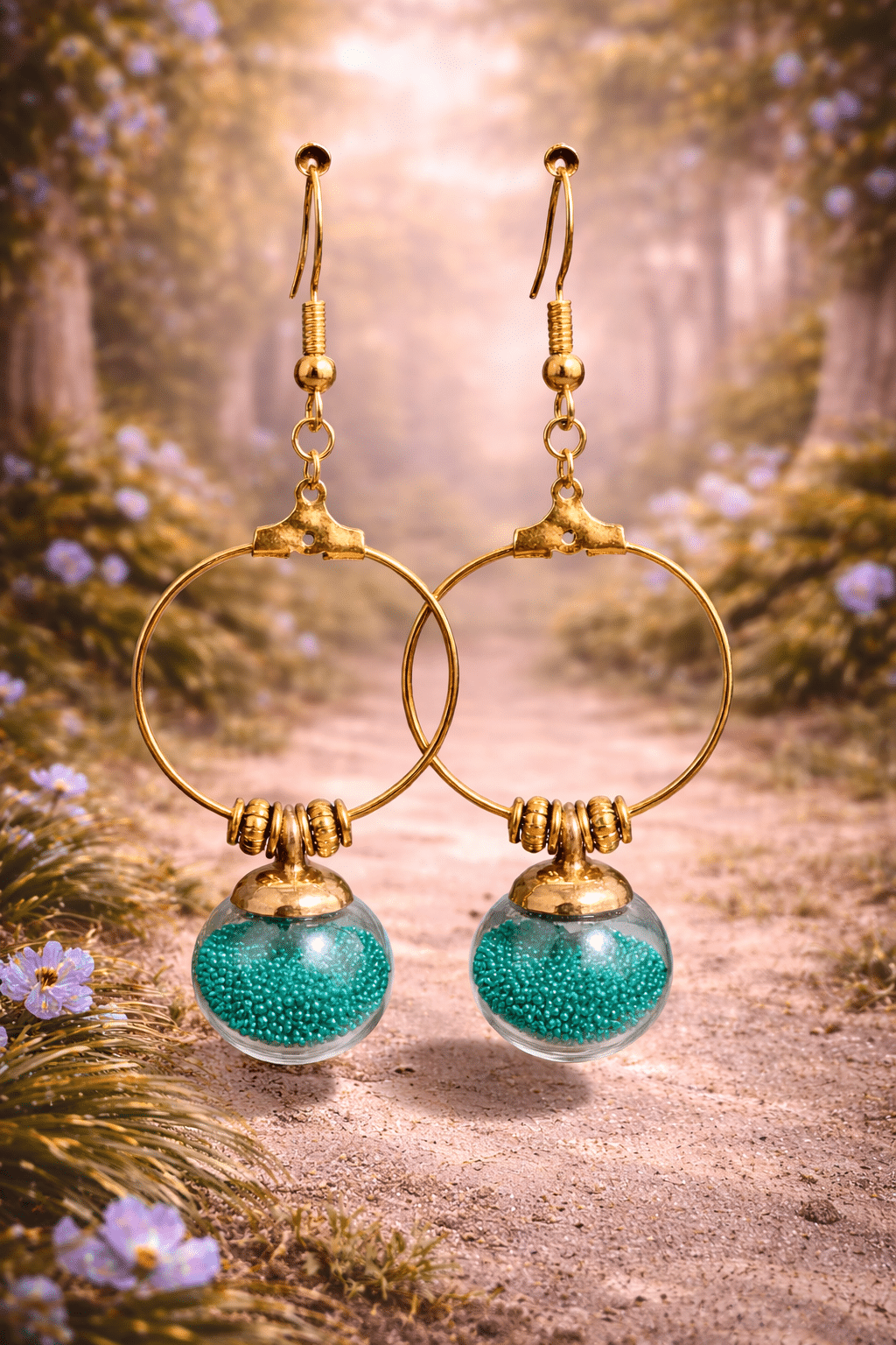 ✨🏺 "Lagoon Sphere" – Handcrafted Antiqued Gold Hoops with Teal Micro-Bead Glass Globe Charms
