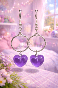 ✨💜 "Violet Vesper" – Handcrafted Shimmering Purple Resin Heart Charms on Textured Silver Hoops