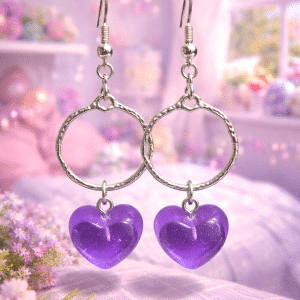 ✨💜 "Violet Vesper" – Handcrafted Shimmering Purple Resin Heart Charms on Textured Silver Hoops