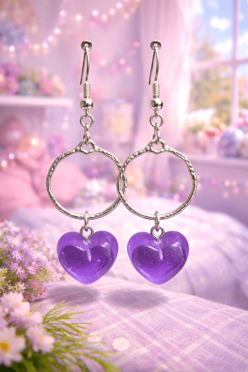 ✨💜 "Violet Vesper" – Handcrafted Shimmering Purple Resin Heart Charms on Textured Silver Hoops