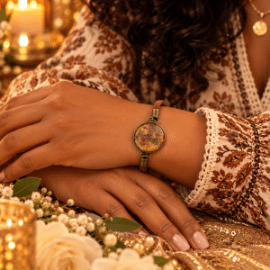 🤎✨ Golden Whispers – Antique Bronze & Amber Cabochon Leather Bracelet