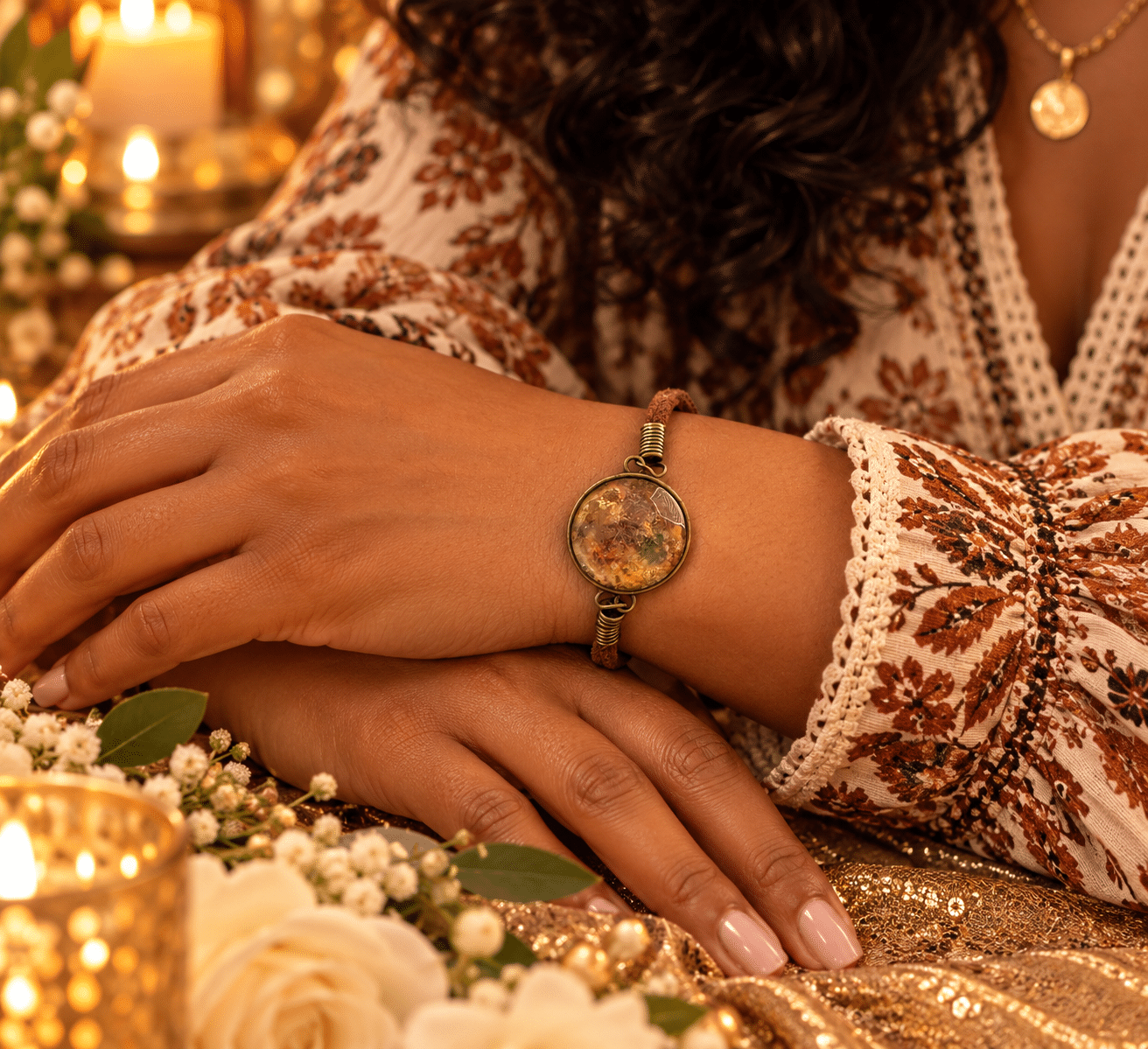 🤎✨ Golden Whispers – Antique Bronze & Amber Cabochon Leather Bracelet
