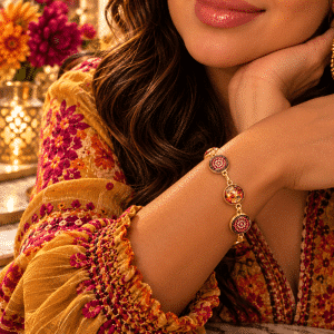 🍁✨ Harvest of Hues – Iridescent Rainbow Sparkle & Autumn Floral Mandala Gold-Tone Bezel Link Bracelet