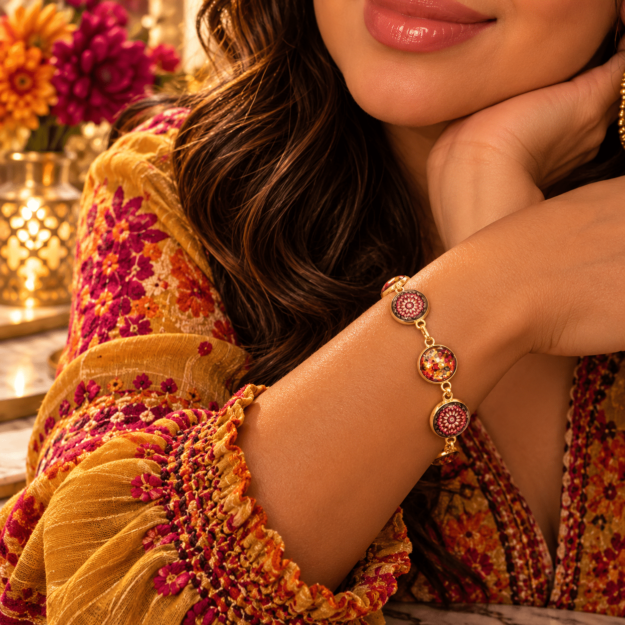 πβ¨ Harvest of Hues β Iridescent Rainbow Sparkle & Autumn Floral Mandala Gold-Tone Bezel Link Bracelet